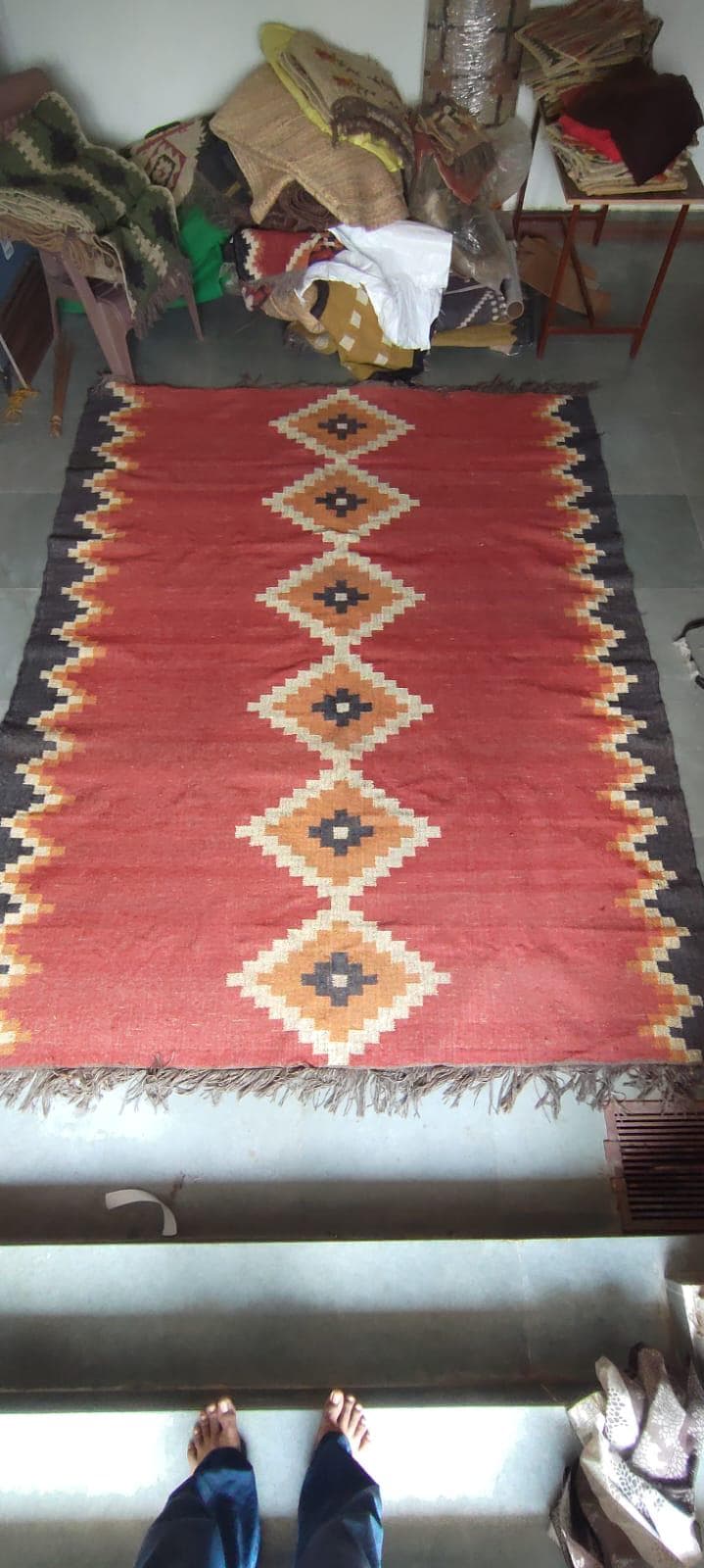 Red Wool Jute Kilim Rug, Geometric Tribal Area Rug, Handwoven Boho Carpet, Southwestern Farmhouse Living Room Rug, Custom Size Handmade Home - image 3