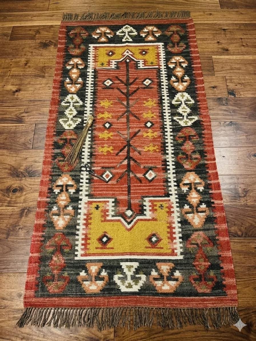 Vintage Tribal Accent Rug, Rust Red Kilim Bedside Rug, Handmade Boho Geometric Carpet, Southwestern Bedroom Floor Mat, Fringe Area Rug Decor - image 4