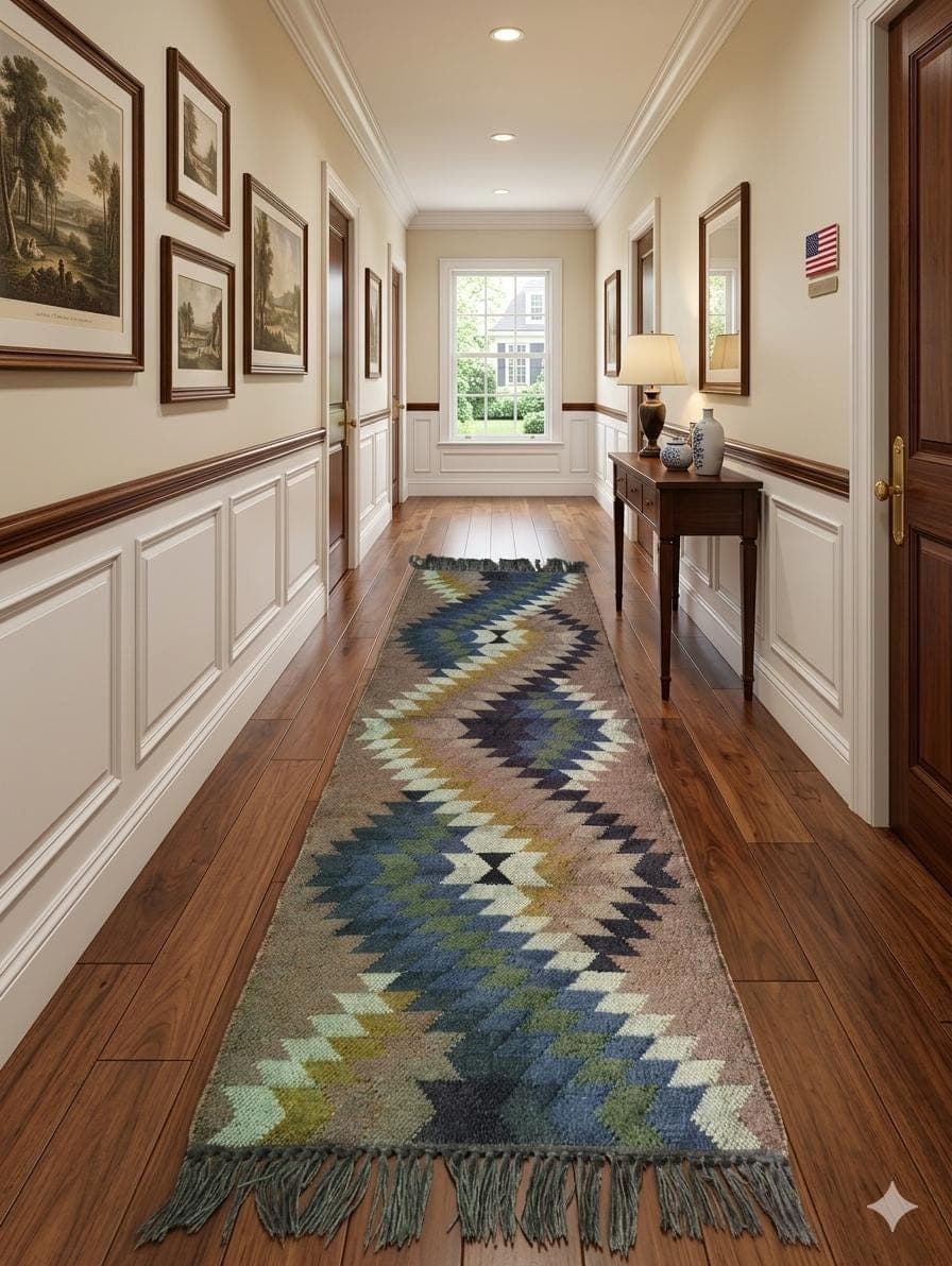 Southwestern Kilim Hallway Runner, Handwoven Wool Jute Runner Rug, Tribal Geometric Boho Runner, Farmhouse Corridor Rug, Rustic  Entryway