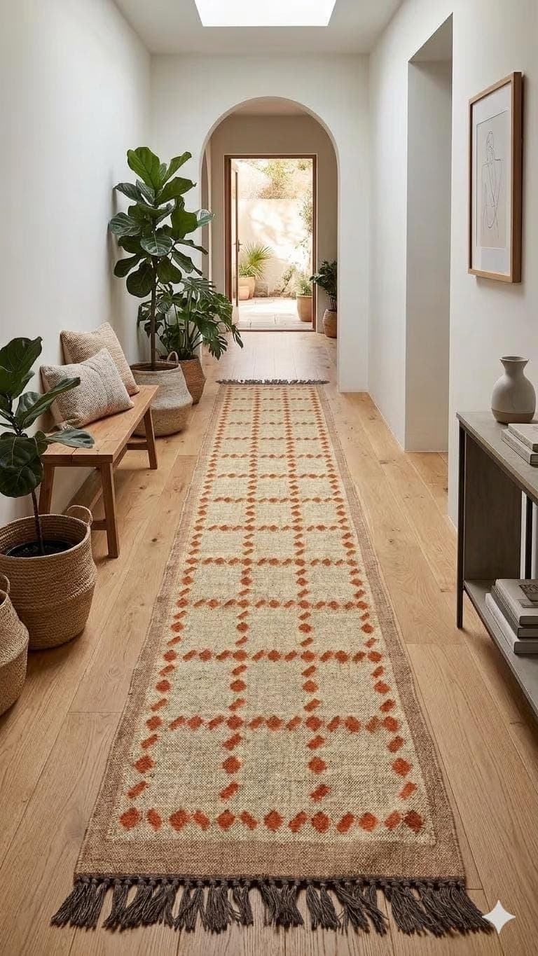Boho Jute Runner Rug, Handwoven Natural Fiber Hallway Rug, Farmhouse Entryway Runner, Rustic Geometric Carpet, Eco Friendly Long Rug
