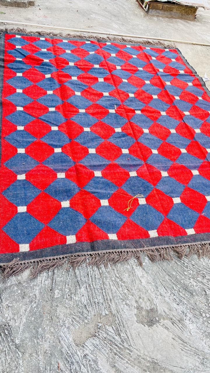 Handwoven Geometric Area Rug, Modern Wool Rug, Red Blue Diamond Pattern Carpet, Contemporary Boho Rug, Handmade Living Room Rug - image 3