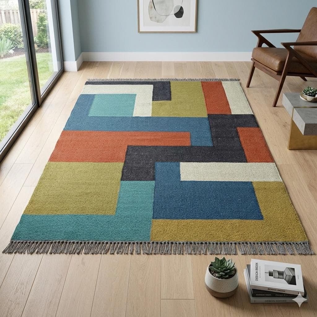 Modern Geometric Area Rug, Colorful Abstract Living Room Rug, Mid Century Style Floor Carpet, Handmade Boho Accent Rug, Bedroom  Decor Mat