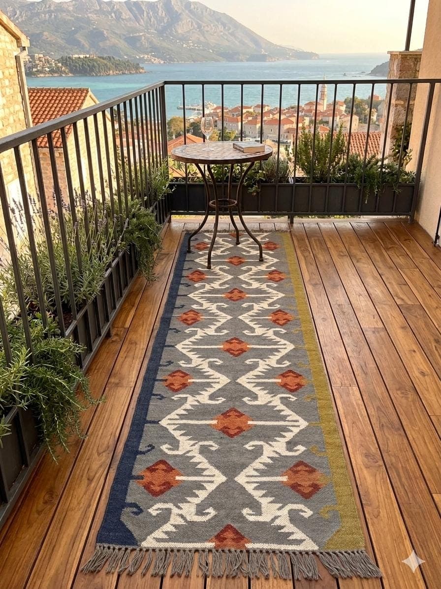 Handwoven Kilim Runner Rug – Vintage Geometric Tribal Carpet, Neutral Gray Wool Hallway Rug, Boho Southwestern Entryway Runner with Fringe