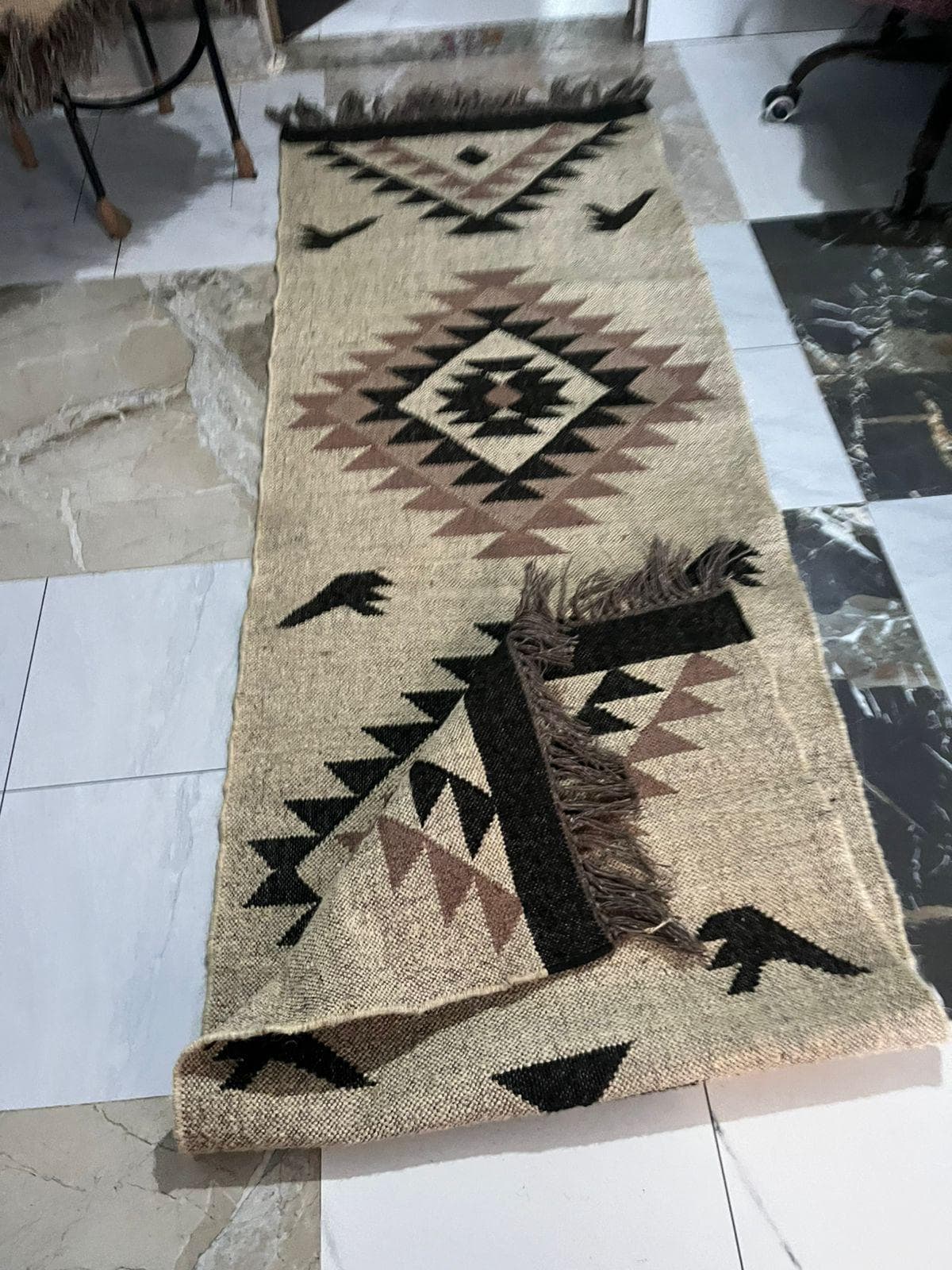 Boho Tribal Runner Rug, Southwestern Hallway Rug, Handmade Kilim Style Runner, Neutral Beige Black Geometric Rug, Farmhouse Entryway  Runner - image 4