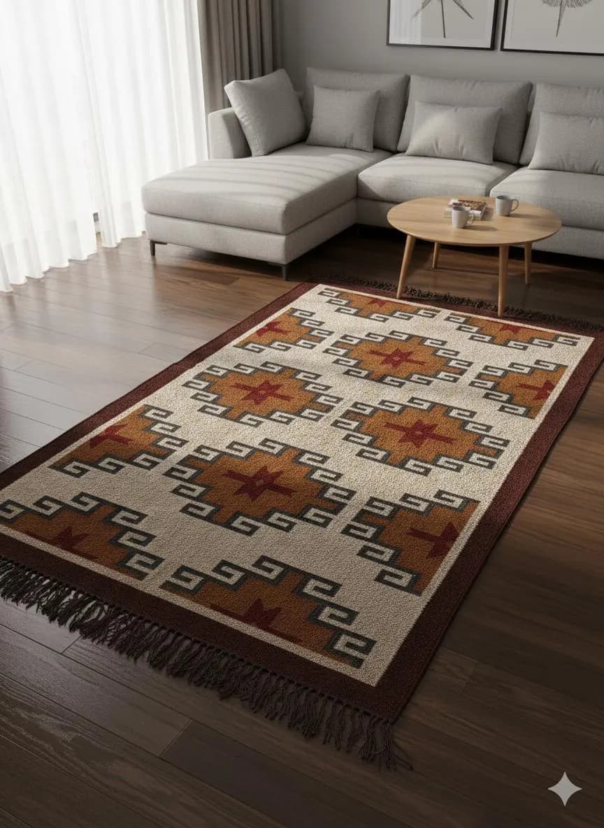 Moroccan Style Handwoven Area Rug, Boho Tribal Wool Jute Rug, Southwestern Geometric Carpet, Rustic Farmhouse Living Room Rug - image 4