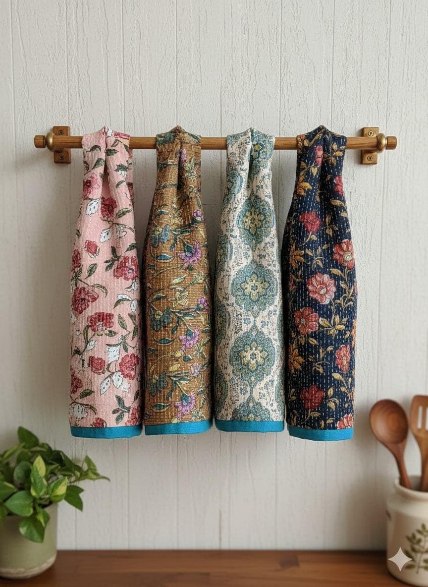 Handmade Kantha Kitchen Towels Set of 4 | Colorful Vintage Cotton Tea Towels with Hanging Loop | Soft, Durable, Hand-stitched Dishcloths
