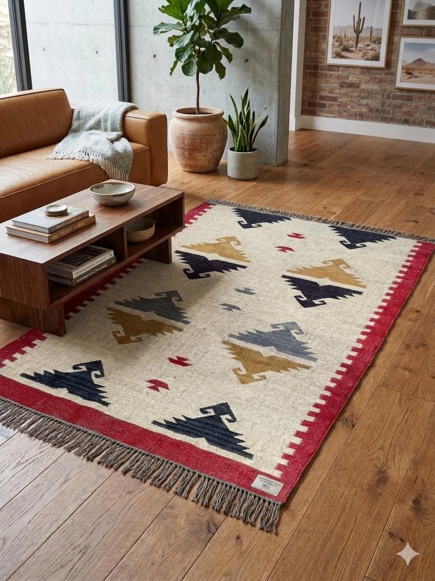 Southwestern Area Rug with Tribal Animal Motif, Boho Wool Rug, Navajo Style Geometric Carpet, Rustic Living Room Rug, Handmade Look Decor