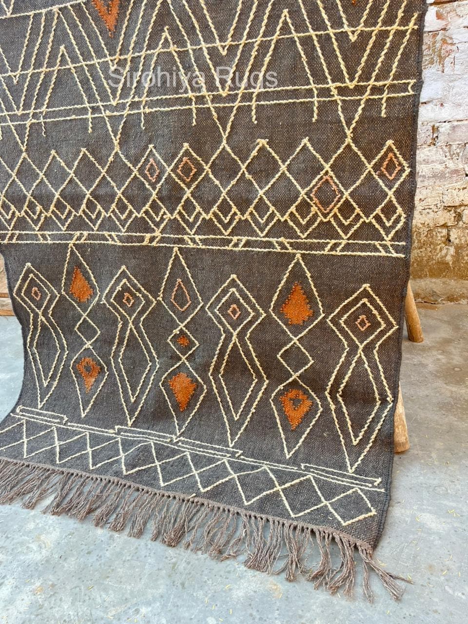 Black Geometric Rug,Handmade Wool Area Rug,Boho Tribal Carpet,Large Living Room Rug,Modern Farmhouse Decor,Southwestern Style Rugwith Fringe - image 5