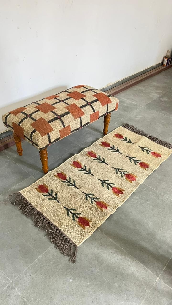 Handmade Floral Runner Rug, Boho Hallway Rug, Farmhouse Entryway Carpet, Tulip Design Wool Runner, Rustic Porch Rug, Fringe Accent Decor - image 3