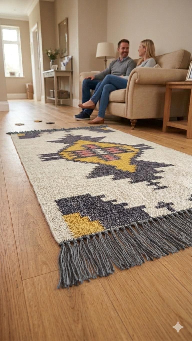 Handmade Wool Jute Boho Area Rug, Southwestern Tribal Geometric Rug, Rustic Living Room Carpet, Farmhouse Floor Rug with Fringe - image 4