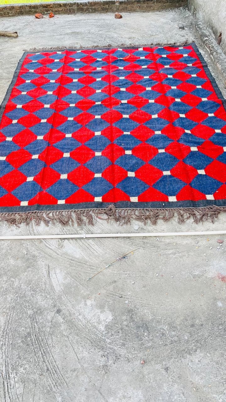 Handwoven Geometric Area Rug, Modern Wool Rug, Red Blue Diamond Pattern Carpet, Contemporary Boho Rug, Handmade Living Room Rug - image 5