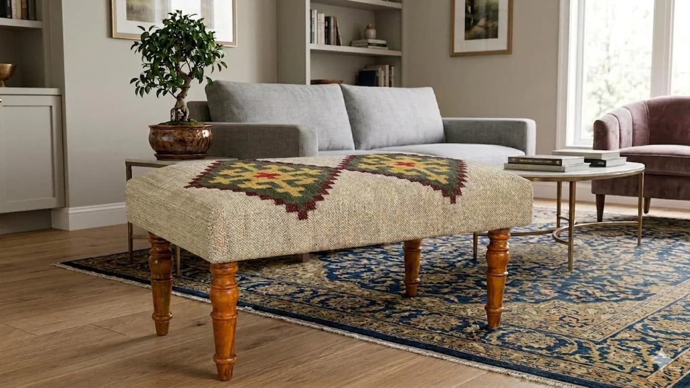 Handmade Kilim Upholstered Ottoman Bench, Boho Footstool, Rustic Wooden Leg Bench, Farmhouse Living Room Ottoman, Turkish Kilim Furniture - image 5