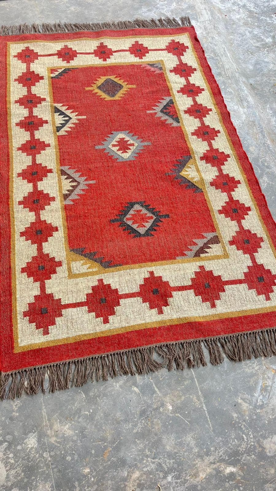 Red Southwestern Area Rug, Tribal Boho Kilim Carpet, Vintage Geometric Farmhouse Rug, Navajo Style Bedroom Living Room Rug with Fringe - image 4