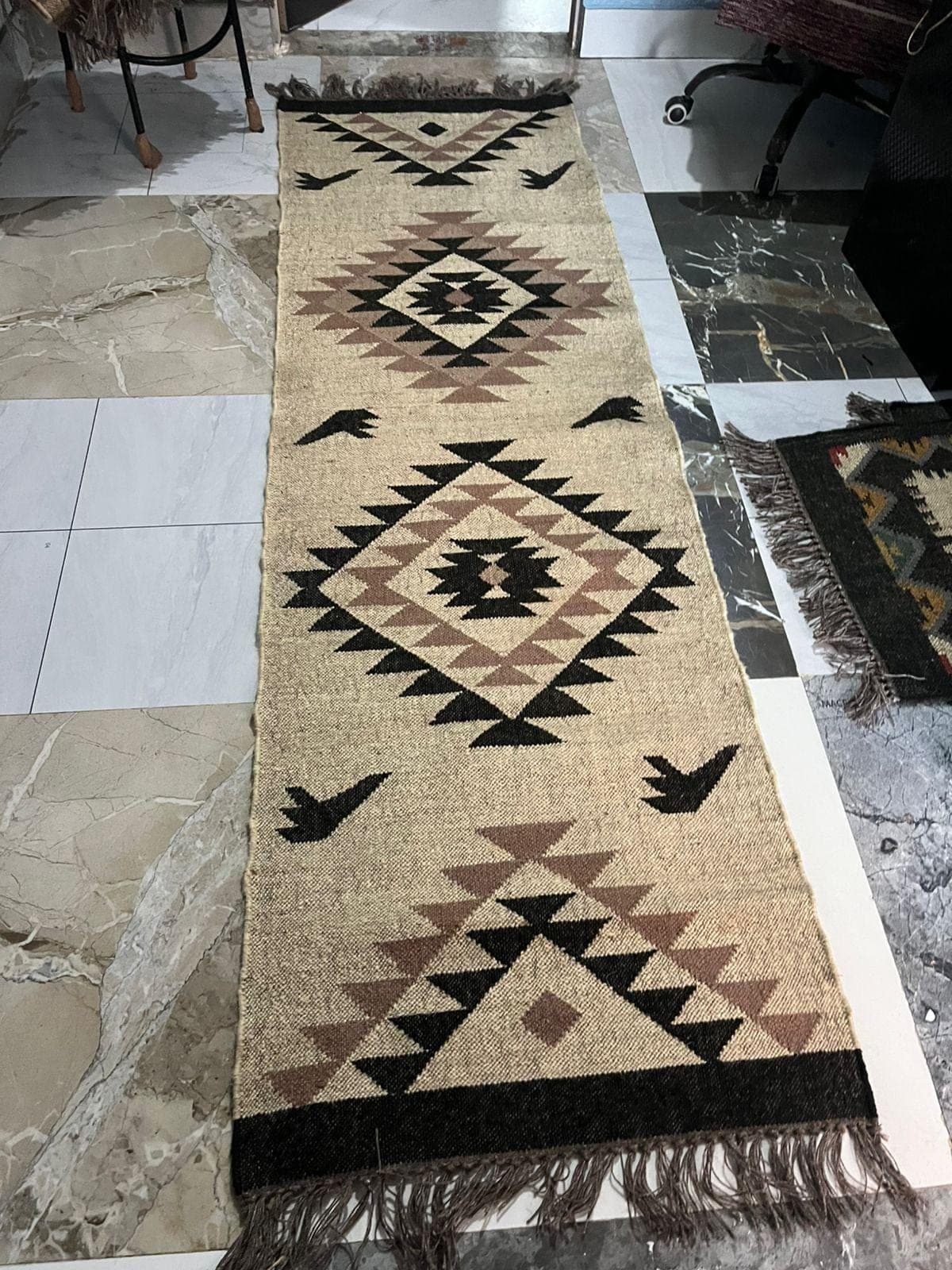 Boho Tribal Runner Rug, Southwestern Hallway Rug, Handmade Kilim Style Runner, Neutral Beige Black Geometric Rug, Farmhouse Entryway  Runner - image 3