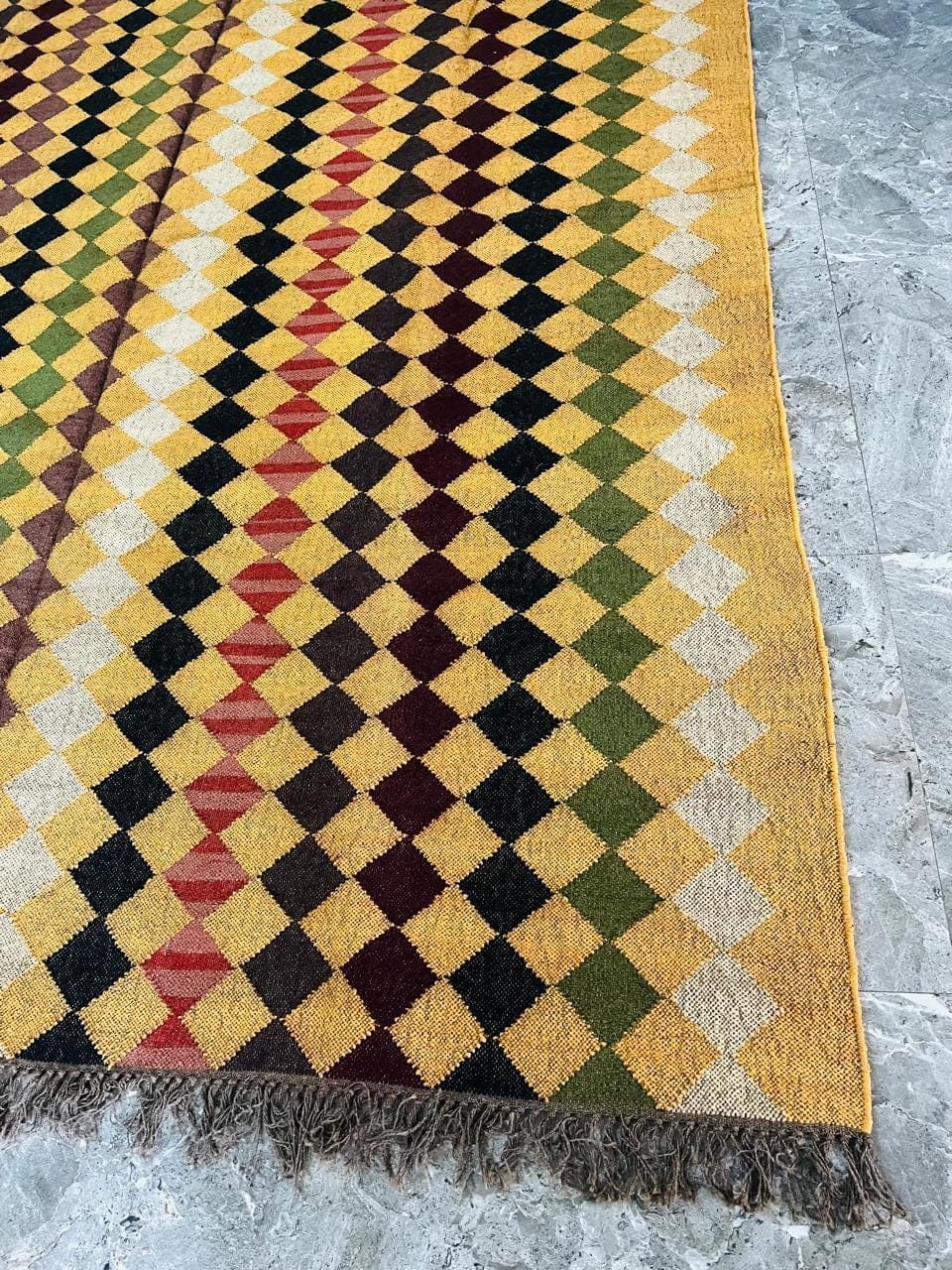 Vintage Mustard Checkered Runner Rug, Boho Geometric Hallway Rug, Fringe Entryway Carpet, Retro Kitchen Runner, Mid Century Floor Decor - image 5
