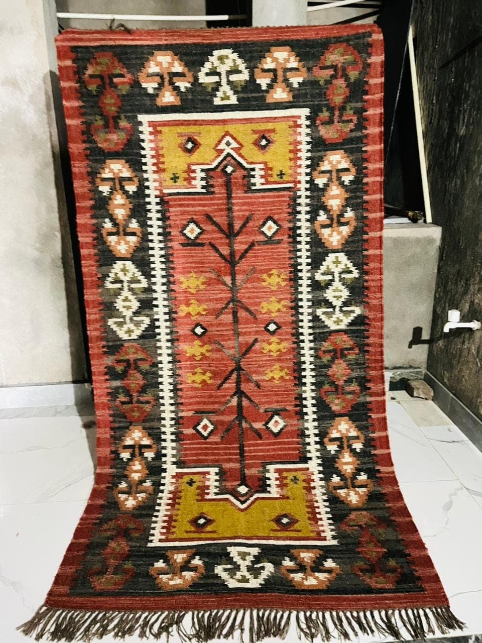Vintage Tribal Accent Rug, Rust Red Kilim Bedside Rug, Handmade Boho Geometric Carpet, Southwestern Bedroom Floor Mat, Fringe Area Rug Decor - image 3