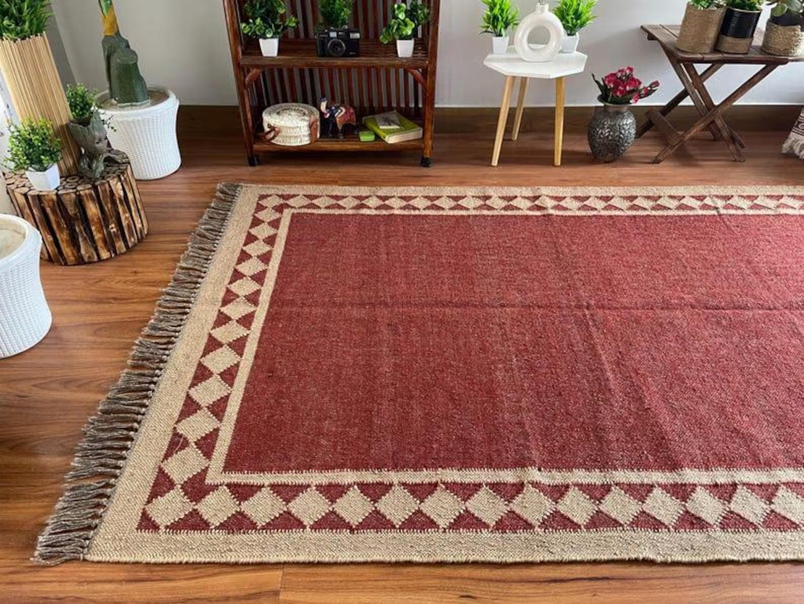 Rust Red Area Rug, Geometric Border Living Room Carpet, Boho Farmhouse Bedroom Rug, Tribal Woven Floor Rug, Rustic Fringe Accent Decor - image 4