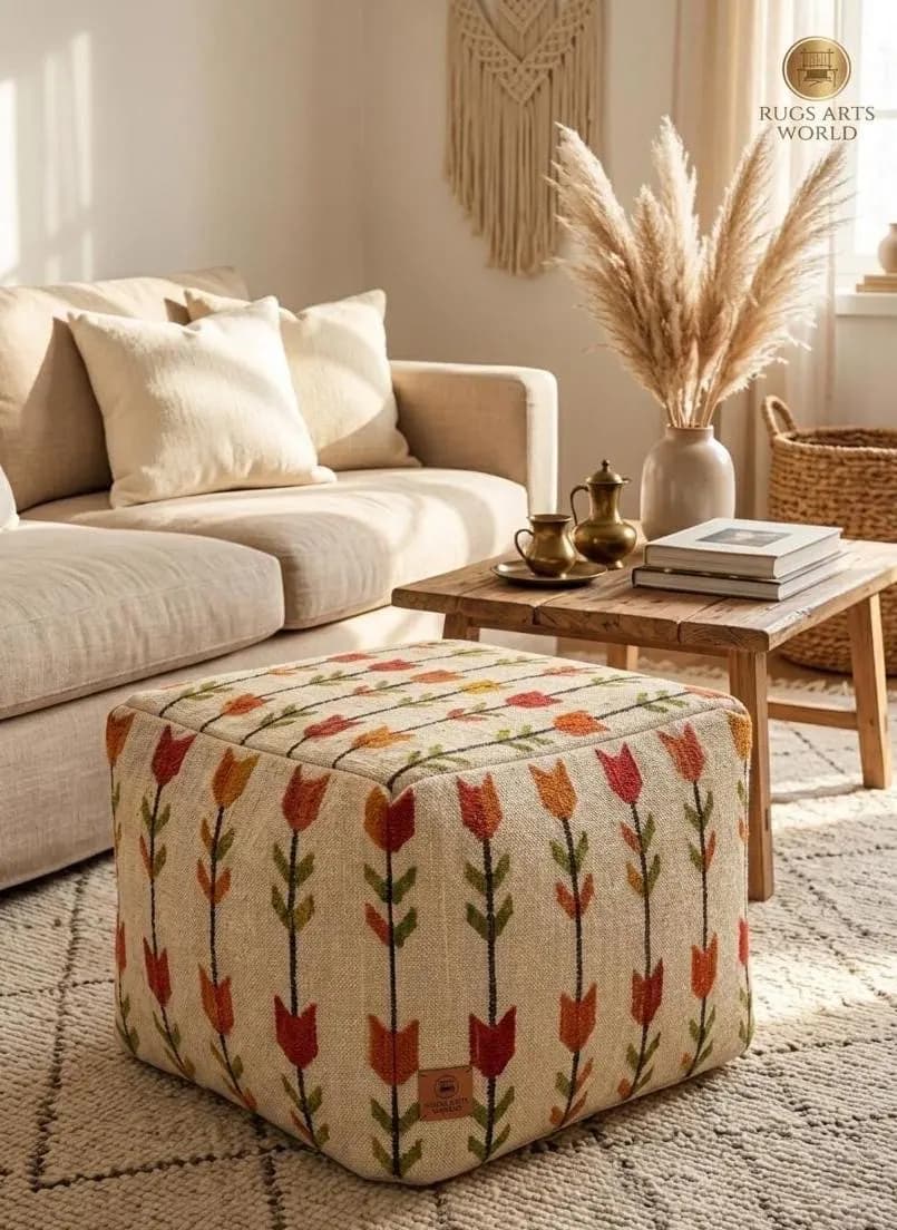 Floral Handmade Pouf Ottoman, Boho Floor Cushion, Tulip Print Ottoman, Moroccan Pouf Cover, Farmhouse Footstool, Cozy Living Room Decor