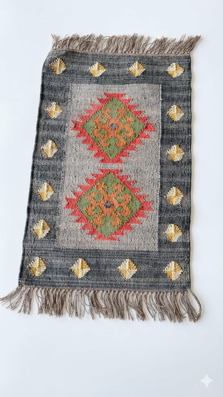 Small Boho Kilim Rug, Tribal Geometric Accent Rug, Handwoven Style Southwestern Carpet, Rustic Farmhouse Decor, Mini Area Rug with Fringe - image 3