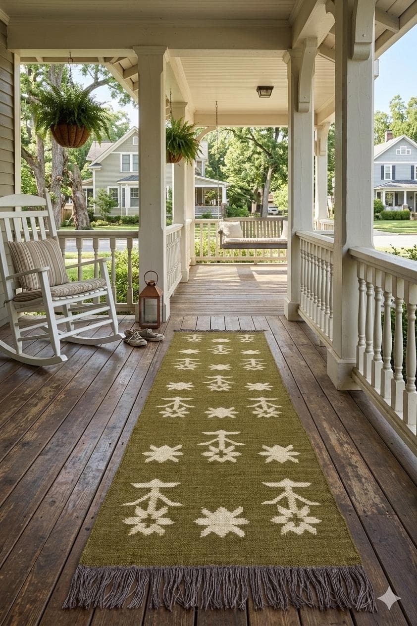 Handmade Olive Green Wool Jute Stair Runner - Tribal Pattern Kilim Rug for Hallway & Entryway - Farmhouse Porch Decor - Custom Size Runner - image 3