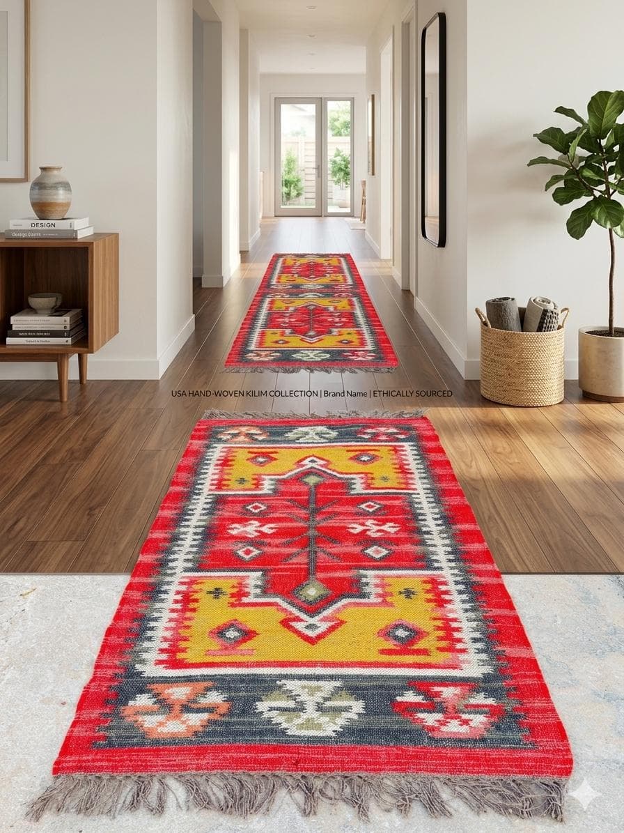 Handwoven Southwestern Stair Runner Rug, Red Kilim Stair Carpet, Tribal Wool Stair Runner, Geometric Hallway Runner, Custom Boho Stair Rug - image 4