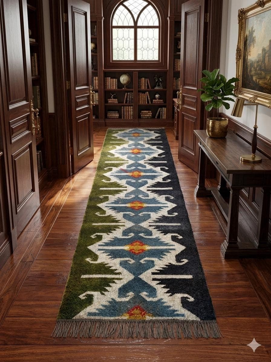 Southwestern Hallway Runner Rug, Blue Green Tribal Corridor Carpet, Rustic Farmhouse Long Runner, Boho Navajo Entryway Rug, Custom Size