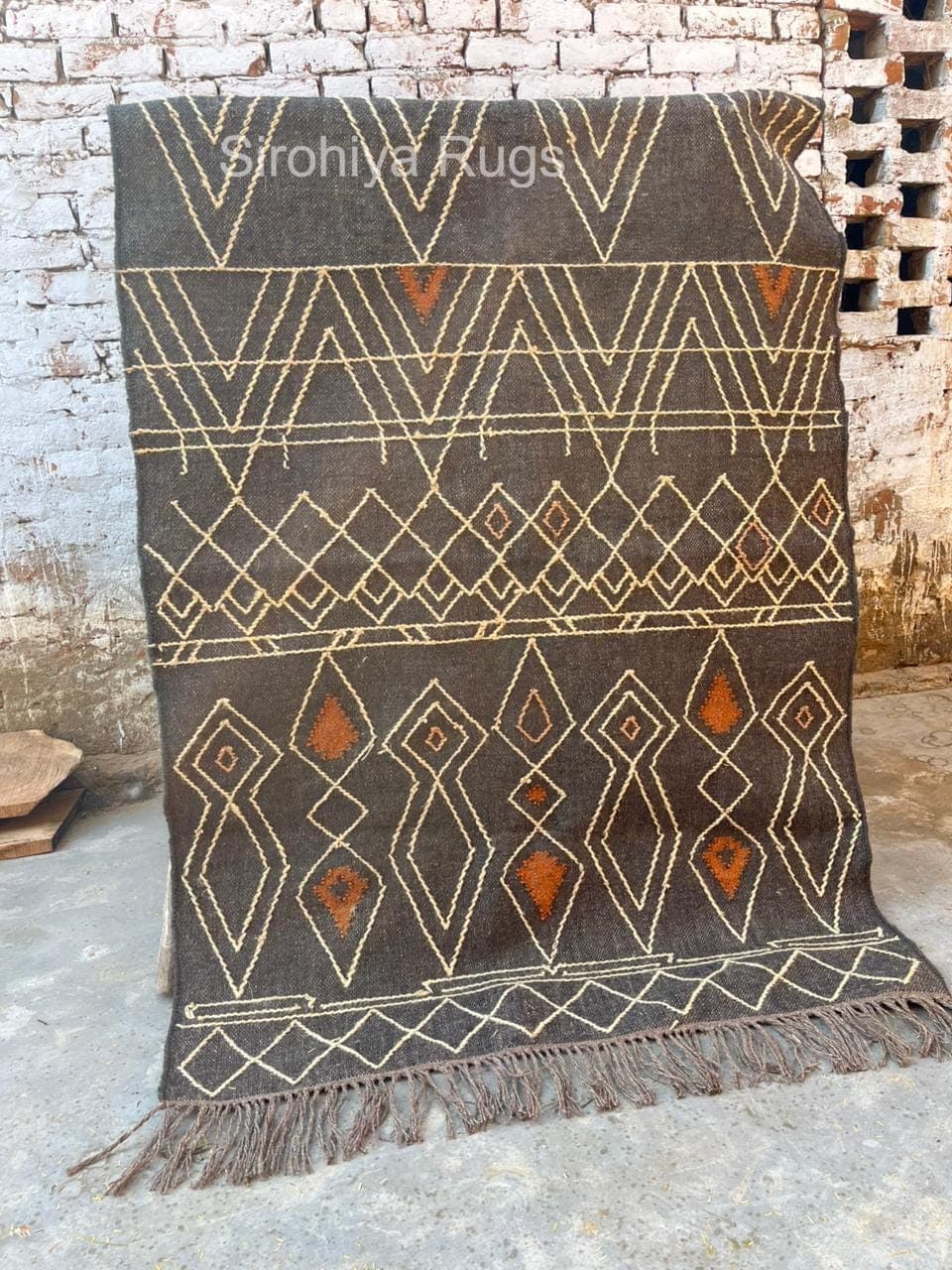 Black Geometric Rug,Handmade Wool Area Rug,Boho Tribal Carpet,Large Living Room Rug,Modern Farmhouse Decor,Southwestern Style Rugwith Fringe - image 3