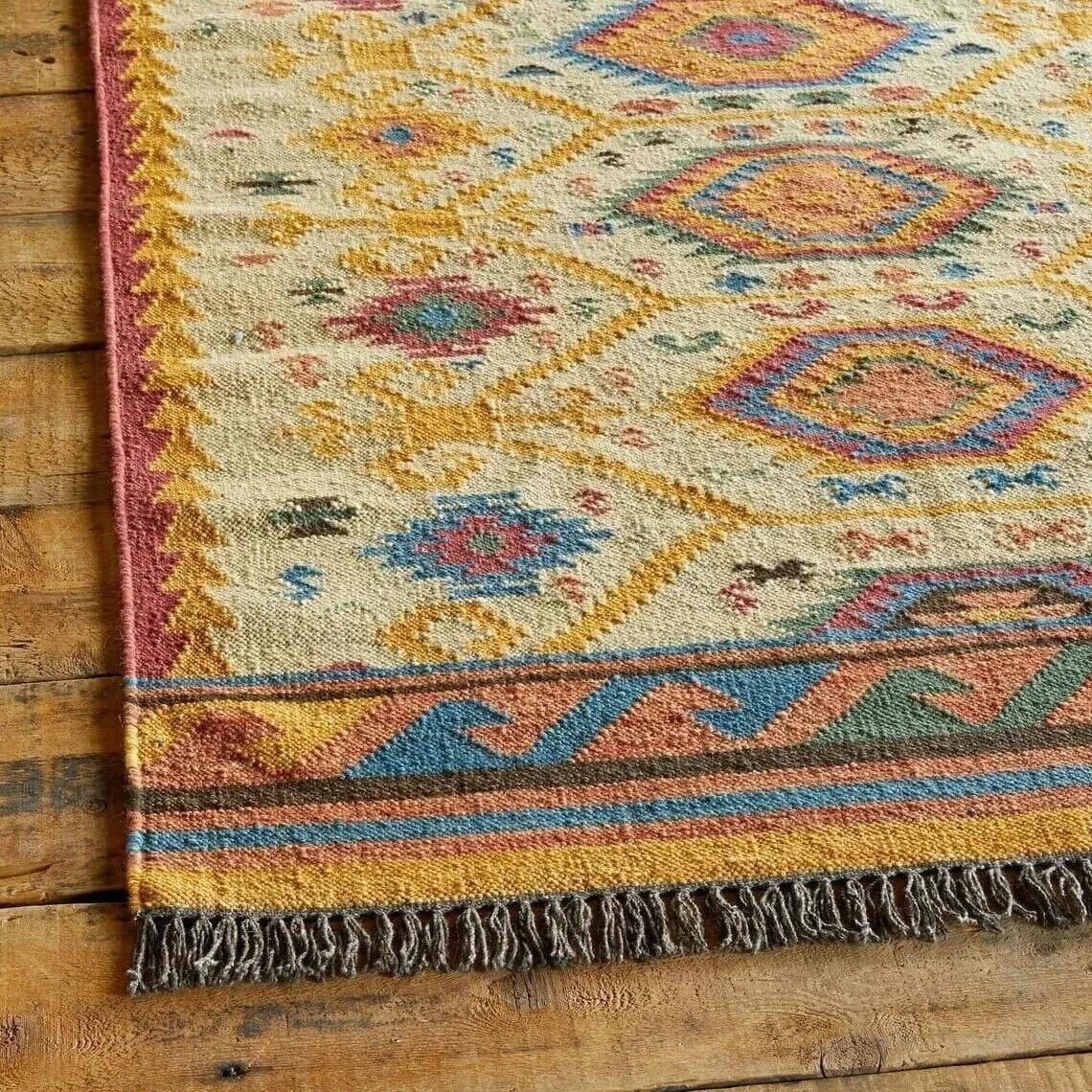 Handwoven Vintage Kilim Rug,Boho Geometric Wool Area Rug, Southwestern Tribal Carpet,Colorful Rustic Living Room Rug,Artisan Flatweave Decor