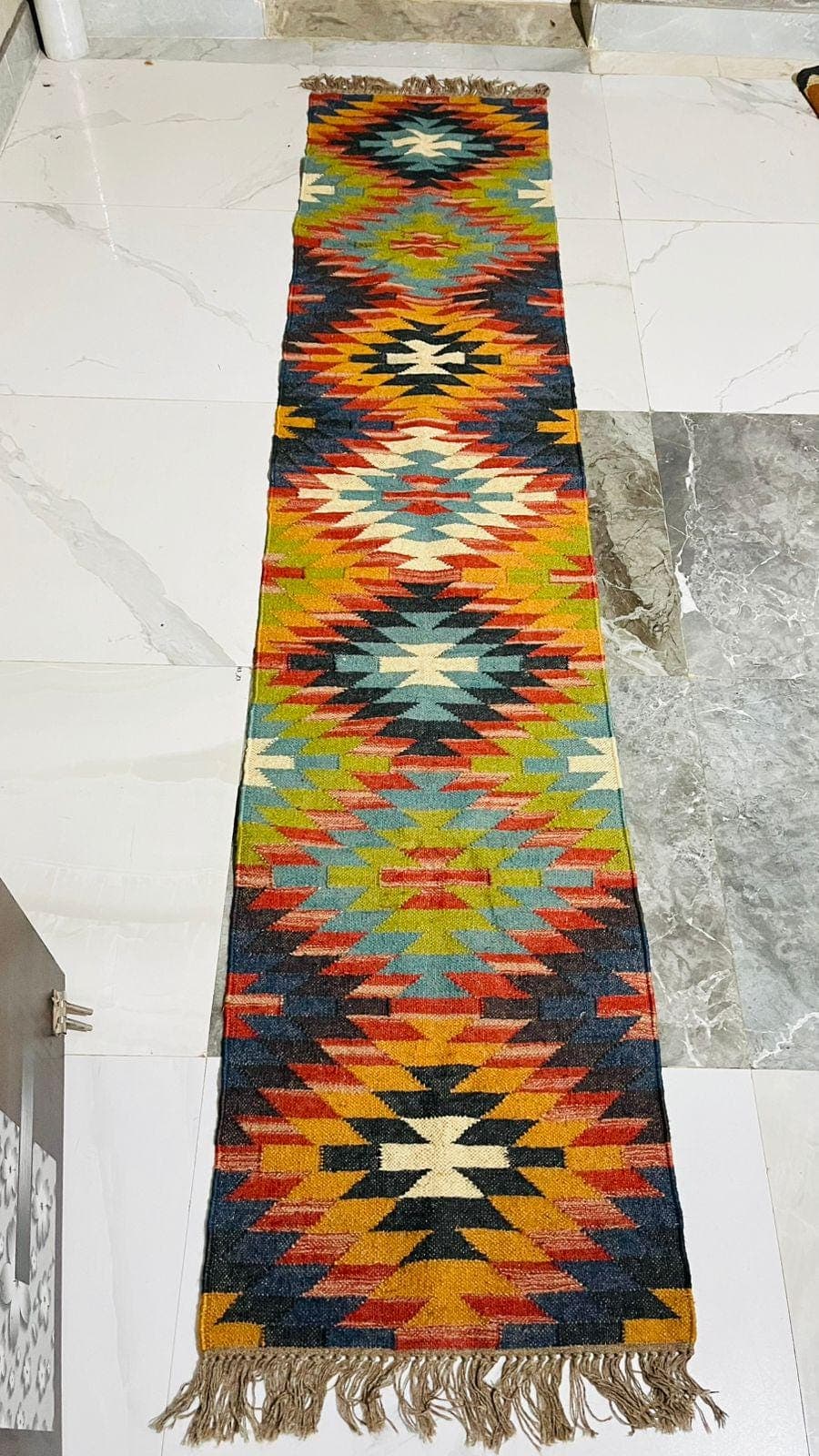 Colorful Southwestern Runner Rug, Boho Tribal Kilim Runner, Geometric Hallway Rug, Navajo Style Carpet, Rustic Farmhouse Entryway Runner - image 4