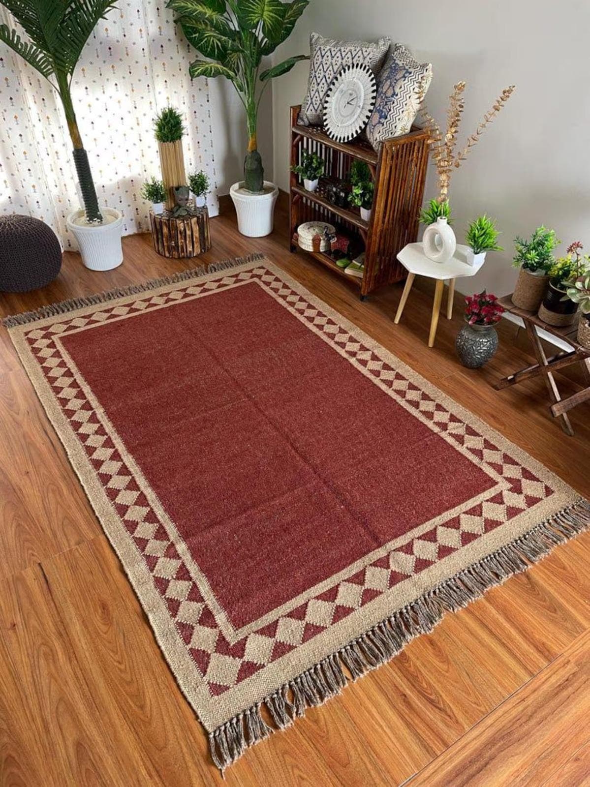 Rust Red Area Rug, Geometric Border Living Room Carpet, Boho Farmhouse Bedroom Rug, Tribal Woven Floor Rug, Rustic Fringe Accent Decor - image 5