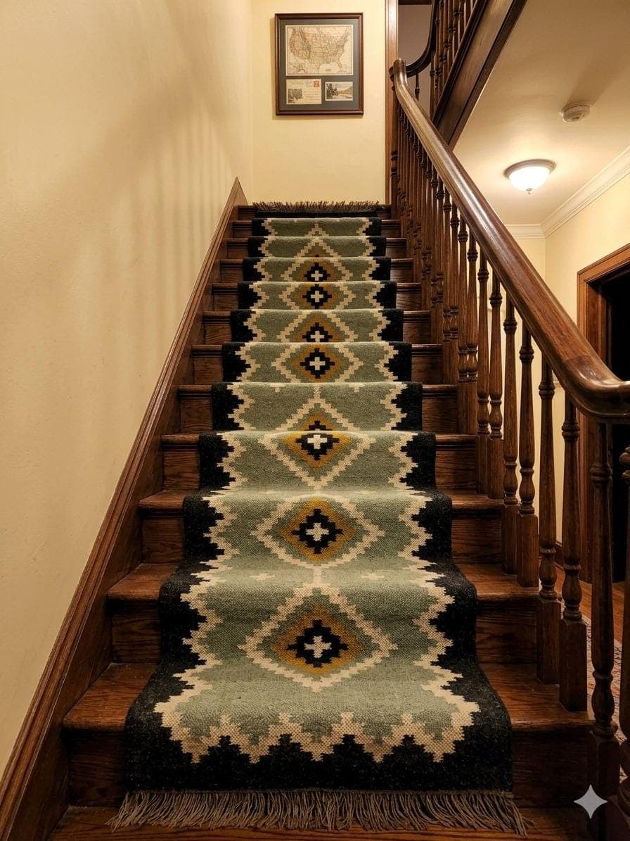 Southwestern Stair Runner Rug,Sage Green Navajo Stair Carpet, Rustic Farmhouse Staircase Runner,Boho Tribal Hallway Rug,Custom Length Runner