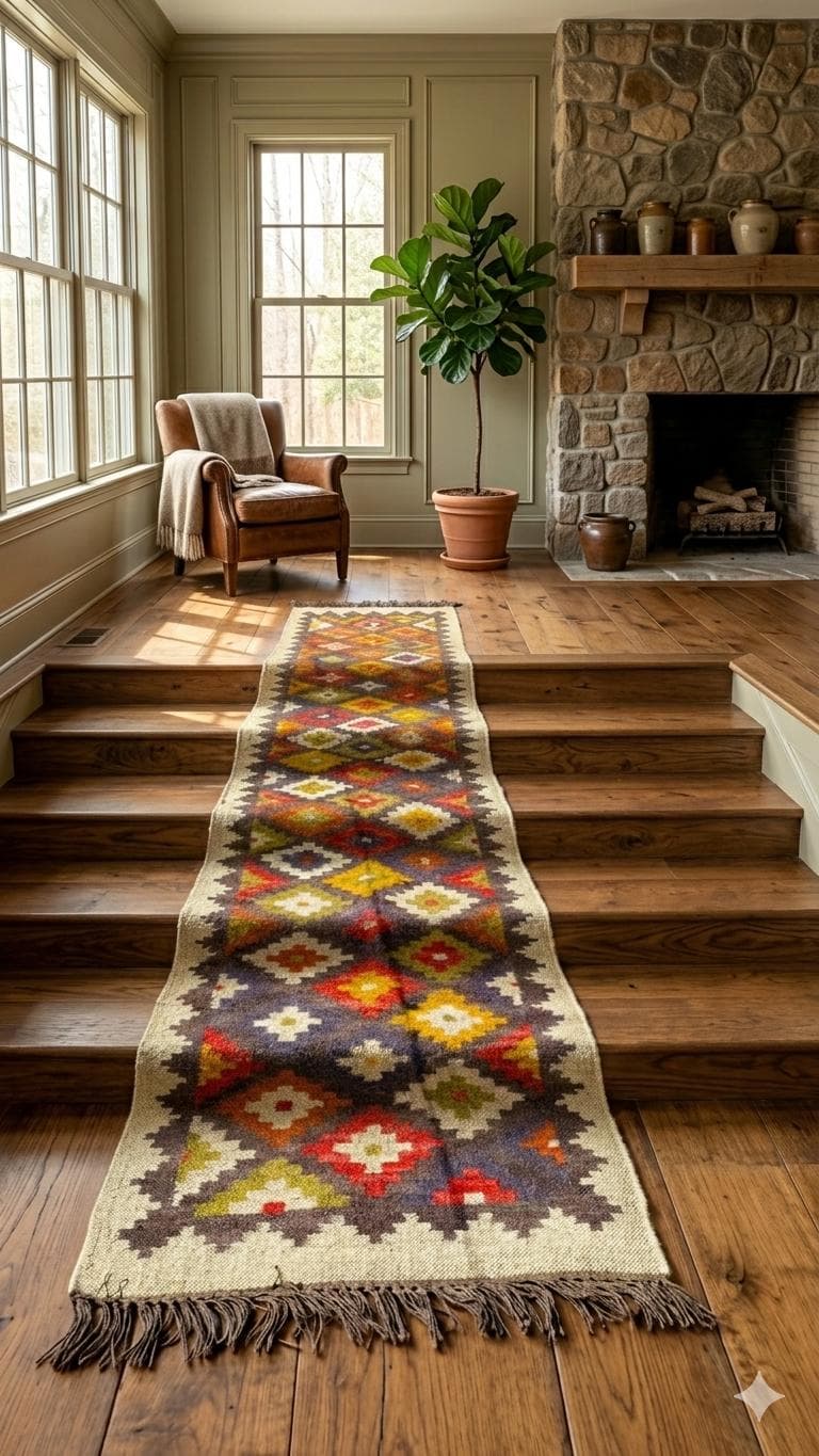 Colorful Kilim Runner Rug, Boho Tribal Hallway Rug, Geometric Southwestern Carpet, Handwoven Style Farmhouse Entryway Runner with Fringe