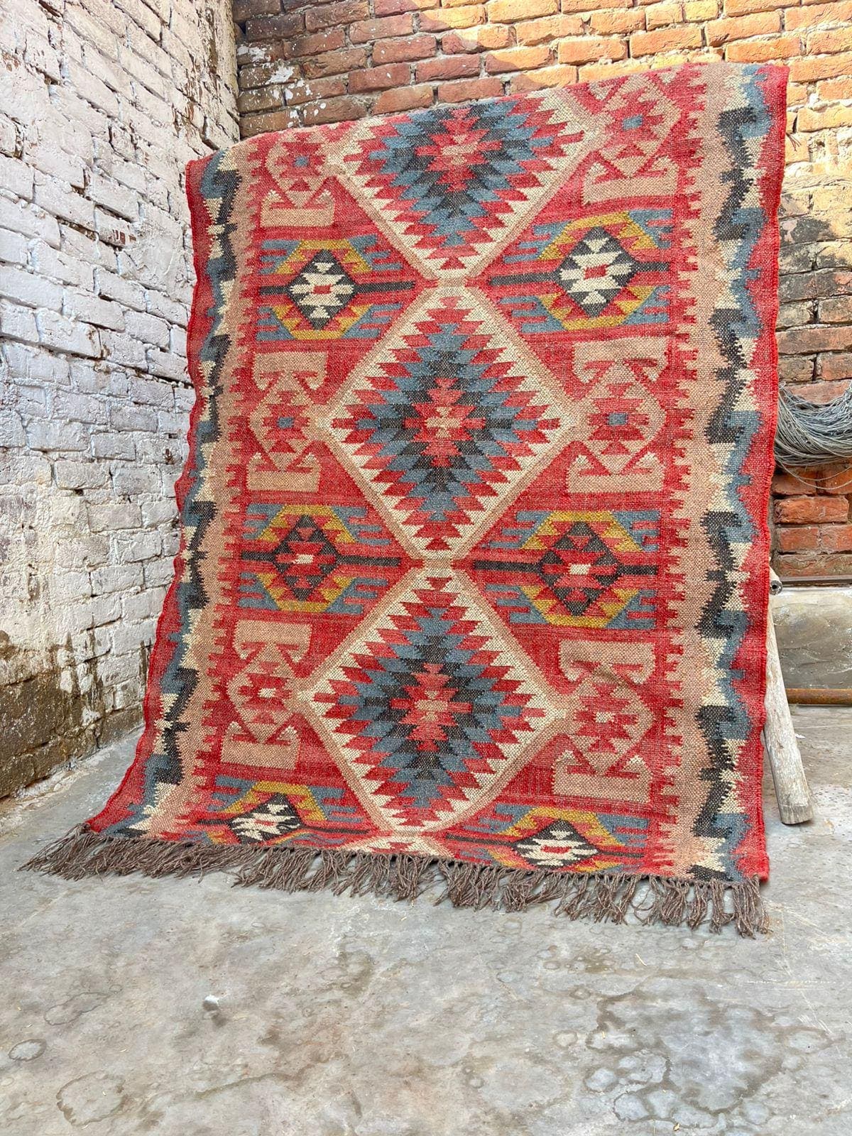 Handmade Wool Jute Boho Area Rug, Southwestern Tribal Geometric Rug, Rustic Farmhouse Living Room Carpet, Bohemian Floor Rug with Fringe - image 4