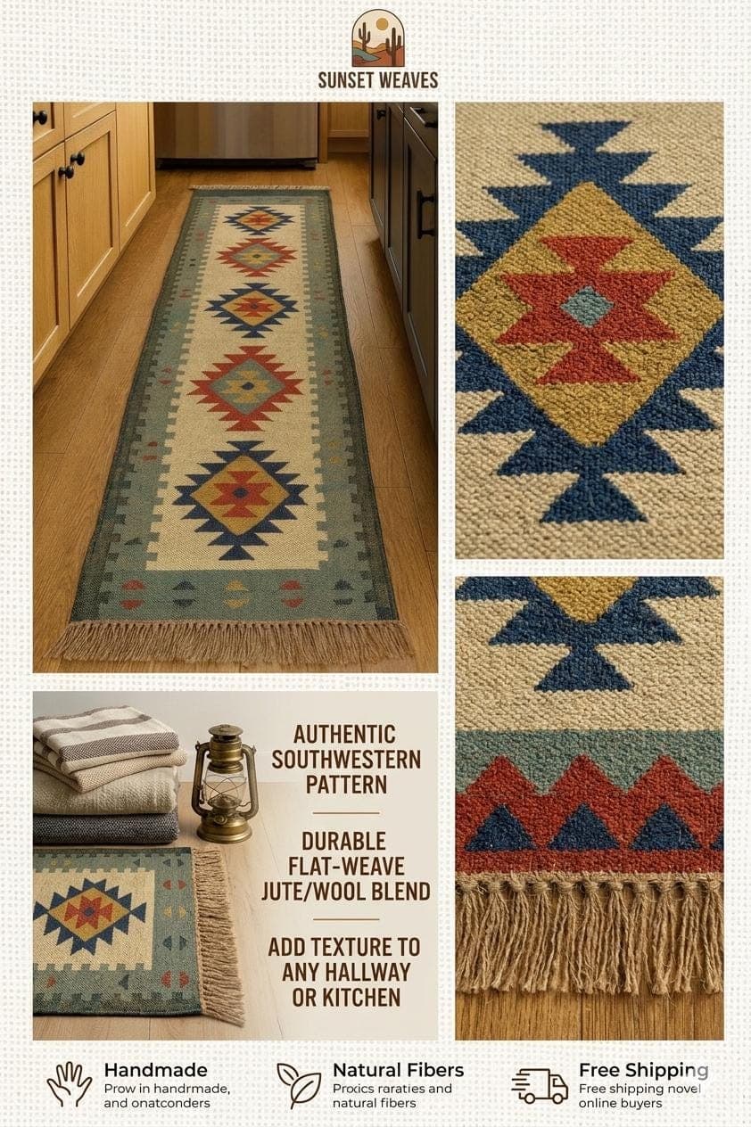 Southwestern Porch Runner Rug, Handwoven Wool Jute Outdoor Runner, Tribal Kilim Hallway Runner, Rustic Farmhouse Boho Runner, Geometric rug - image 4