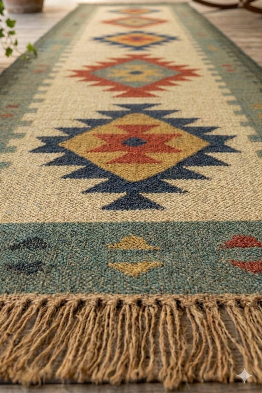 Southwestern Porch Runner Rug, Handwoven Wool Jute Outdoor Runner, Tribal Kilim Hallway Runner, Rustic Farmhouse Boho Runner, Geometric rug - image 3