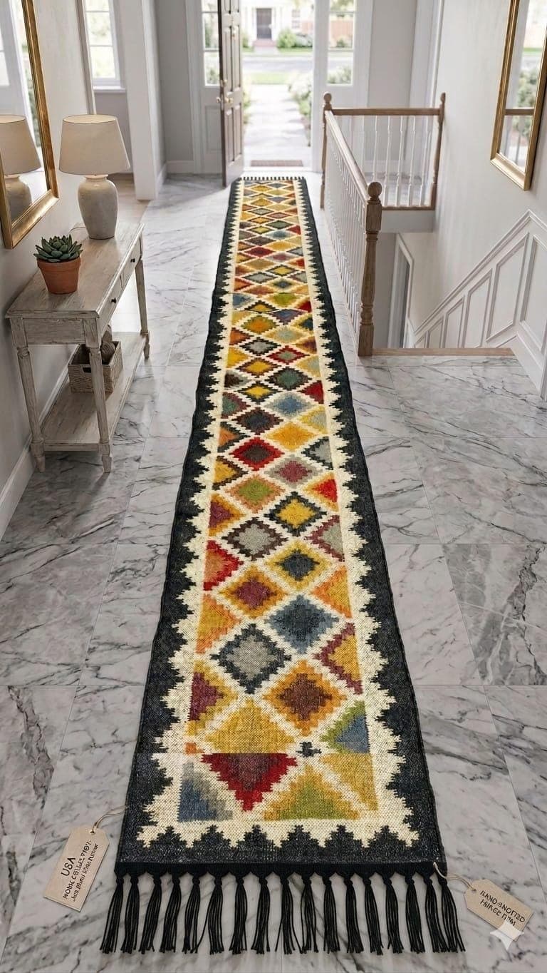 Handwoven Stair Runner Rug, Bohemian Wool Stair Carpet, Tribal Kilim Stair Runner, Geometric Southwestern Staircase Rug, Handmade Rustic Rug - image 3