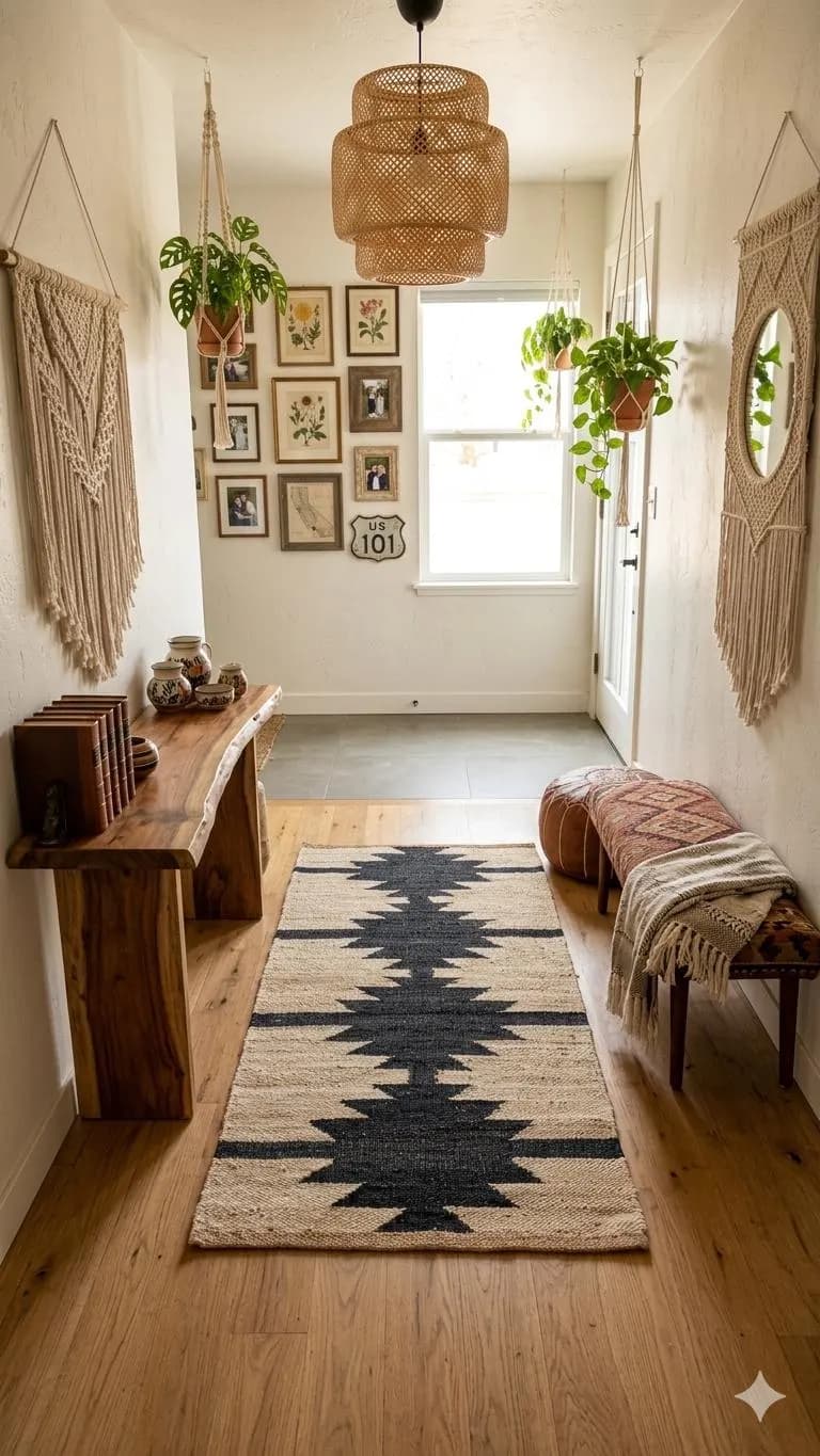 Boho Jute Runner Rug, Black Tribal Hallway Runner, Handwoven Wool Jute Carpet, Farmhouse Entryway Rug, Southwestern Kitchen Runner, hall rug