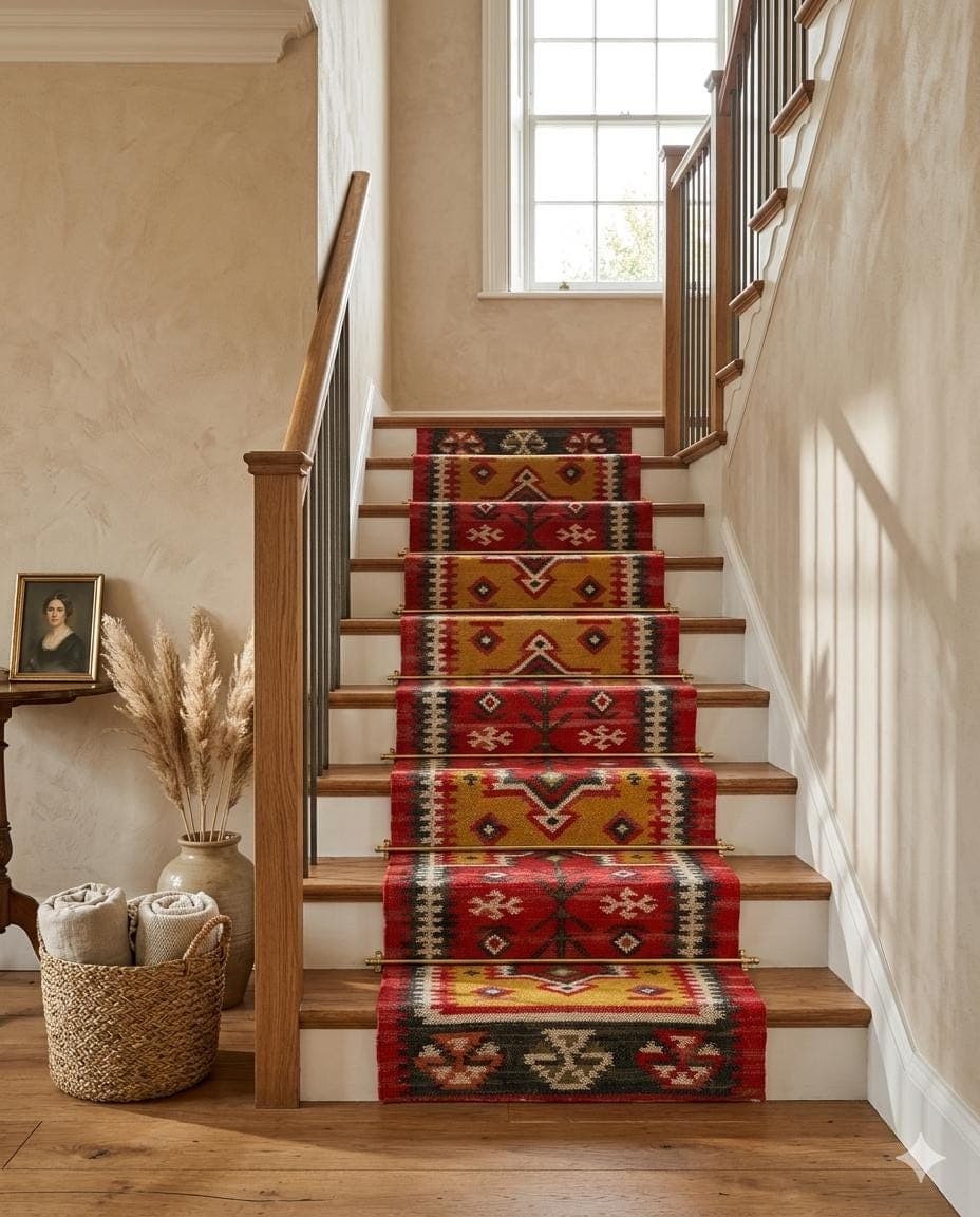 Handwoven Southwestern Stair Runner Rug, Red Kilim Stair Carpet, Tribal Wool Stair Runner, Geometric Hallway Runner, Custom Boho Stair Rug