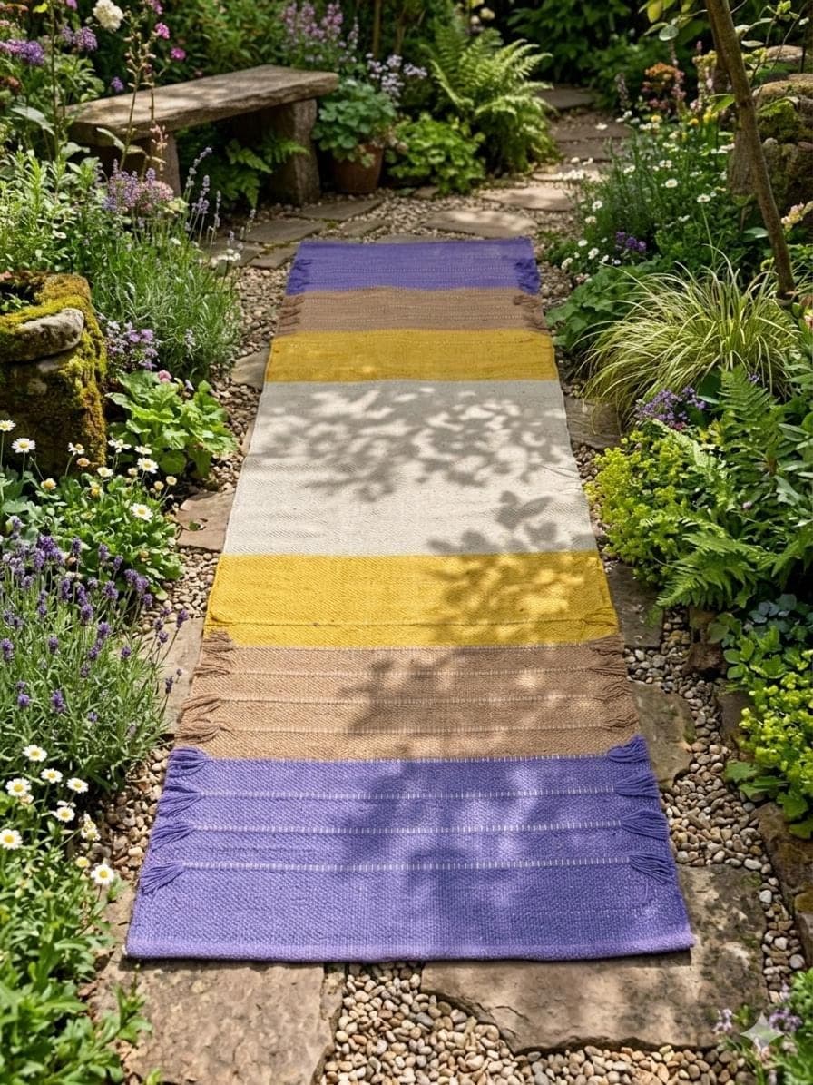 Handwoven Colorful Yoga Mat, Boho Meditation Rug, Purple Yellow Cotton Floor Runner, Eco Friendly Prayer Mat, Woven Workout Rug - image 3