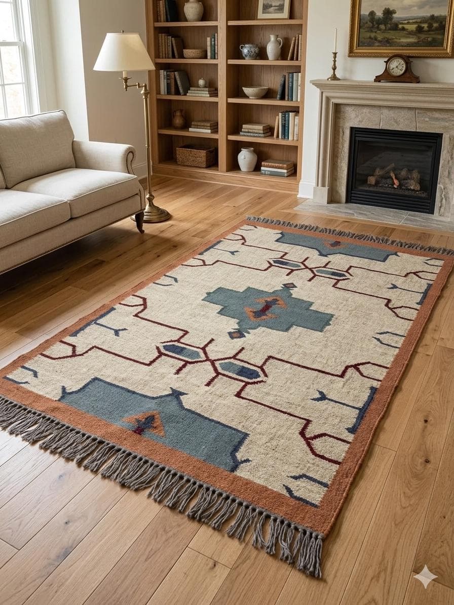 Handwoven Southwestern Area Rug, Tribal Geometric Wool Carpet, Boho Living Room Rug, Farmhouse Bedroom Rug, Fringe Accent Floor Mat