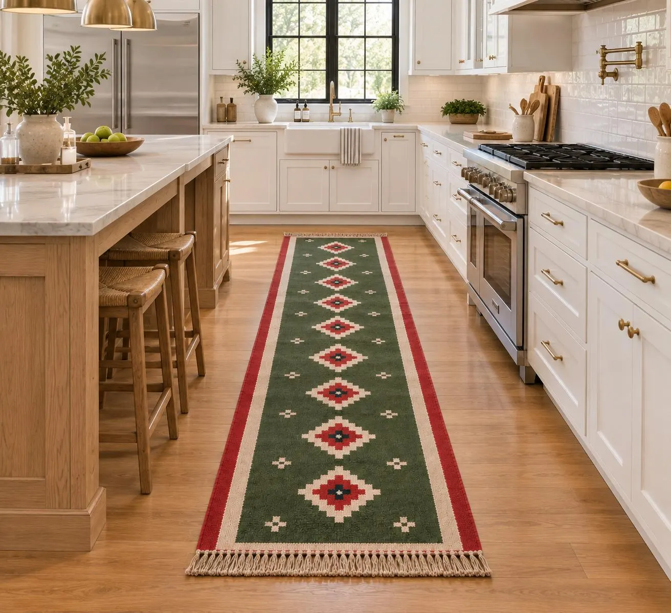 Green Red Wool Jute Stair Runner, Handwoven Southwestern Geometric Kilim Rug, Tribal Boho Stair Carpet, Farmhouse Stair Runner, Custom Size - image 3