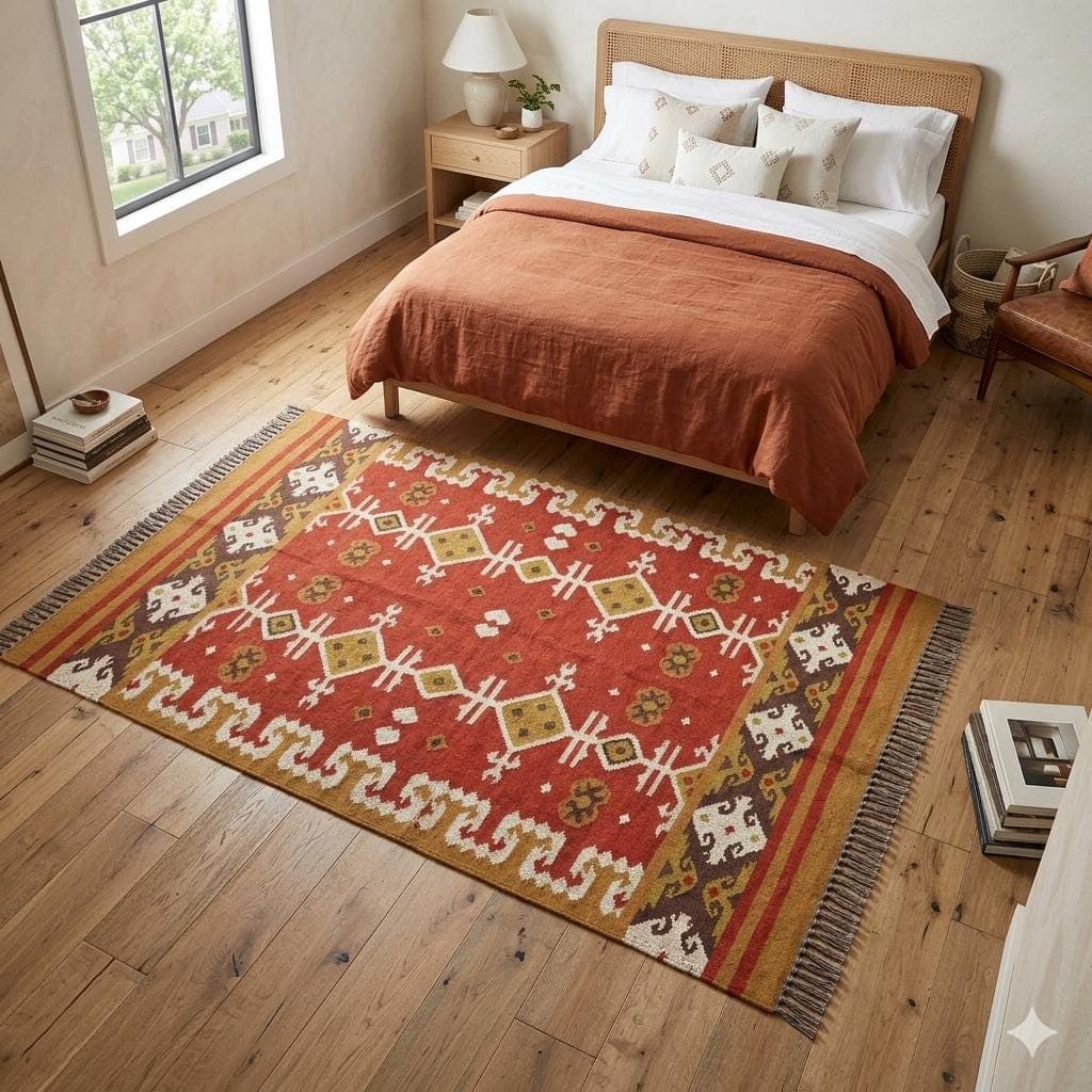 Terracotta Southwestern Kilim Rug, Handwoven Wool Jute Area Rug, Tribal Geometric Boho Carpet, Rustic Farmhouse Bedroom Rug,Vintage area rug