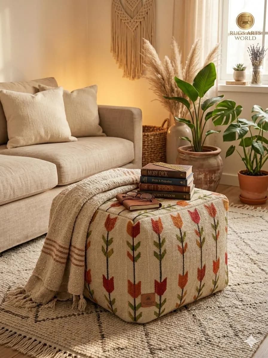 Floral Handmade Pouf Ottoman, Boho Floor Cushion, Tulip Print Ottoman, Moroccan Pouf Cover, Farmhouse Footstool, Cozy Living Room Decor - image 4
