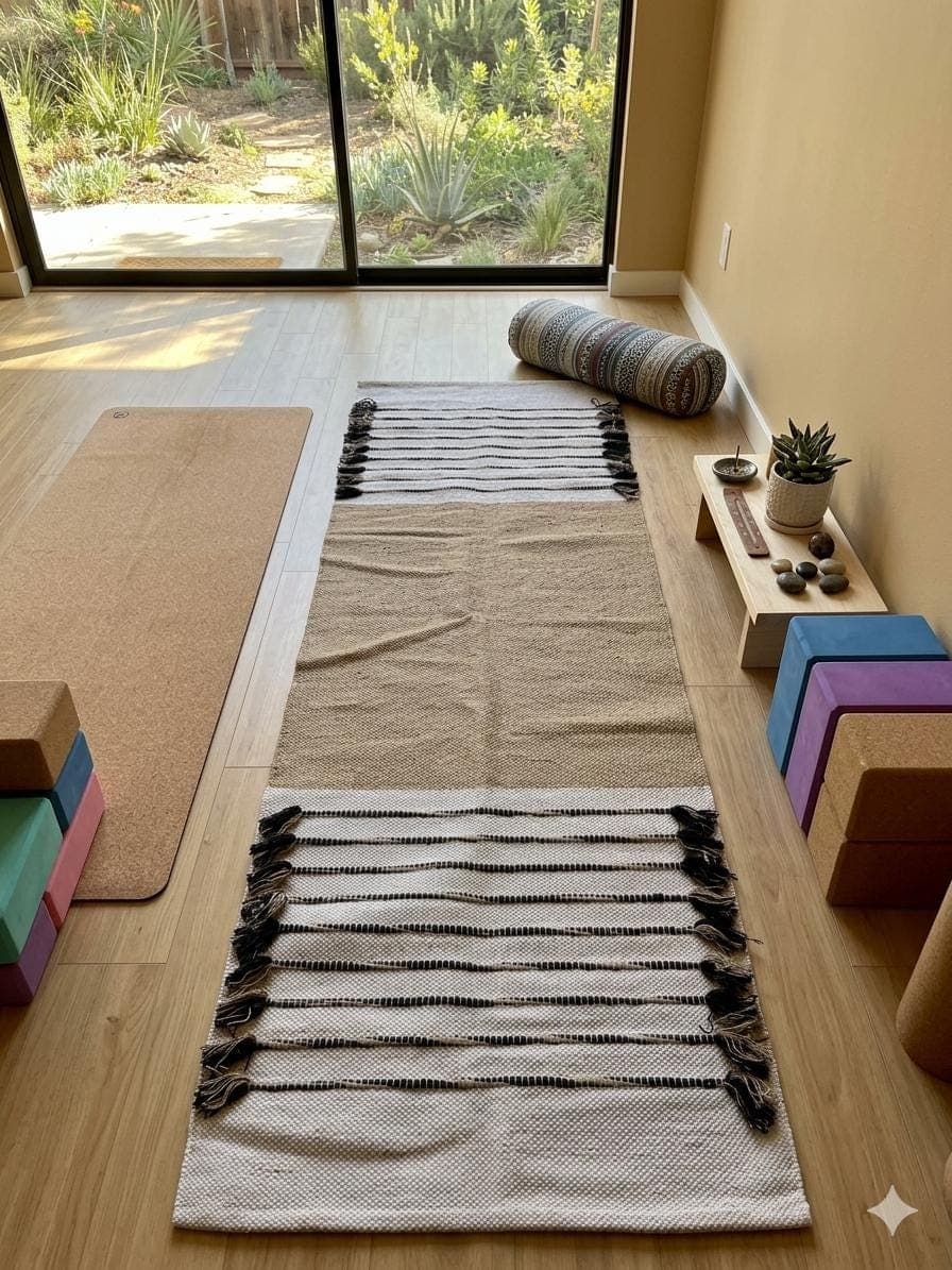 Handwoven Boho Yoga Mat, Cotton Meditation Rug, Neutral Floor Runner, Tassel Workout Mat, Minimalist Home Decor Rug, Eco Friendly Prayer Mat