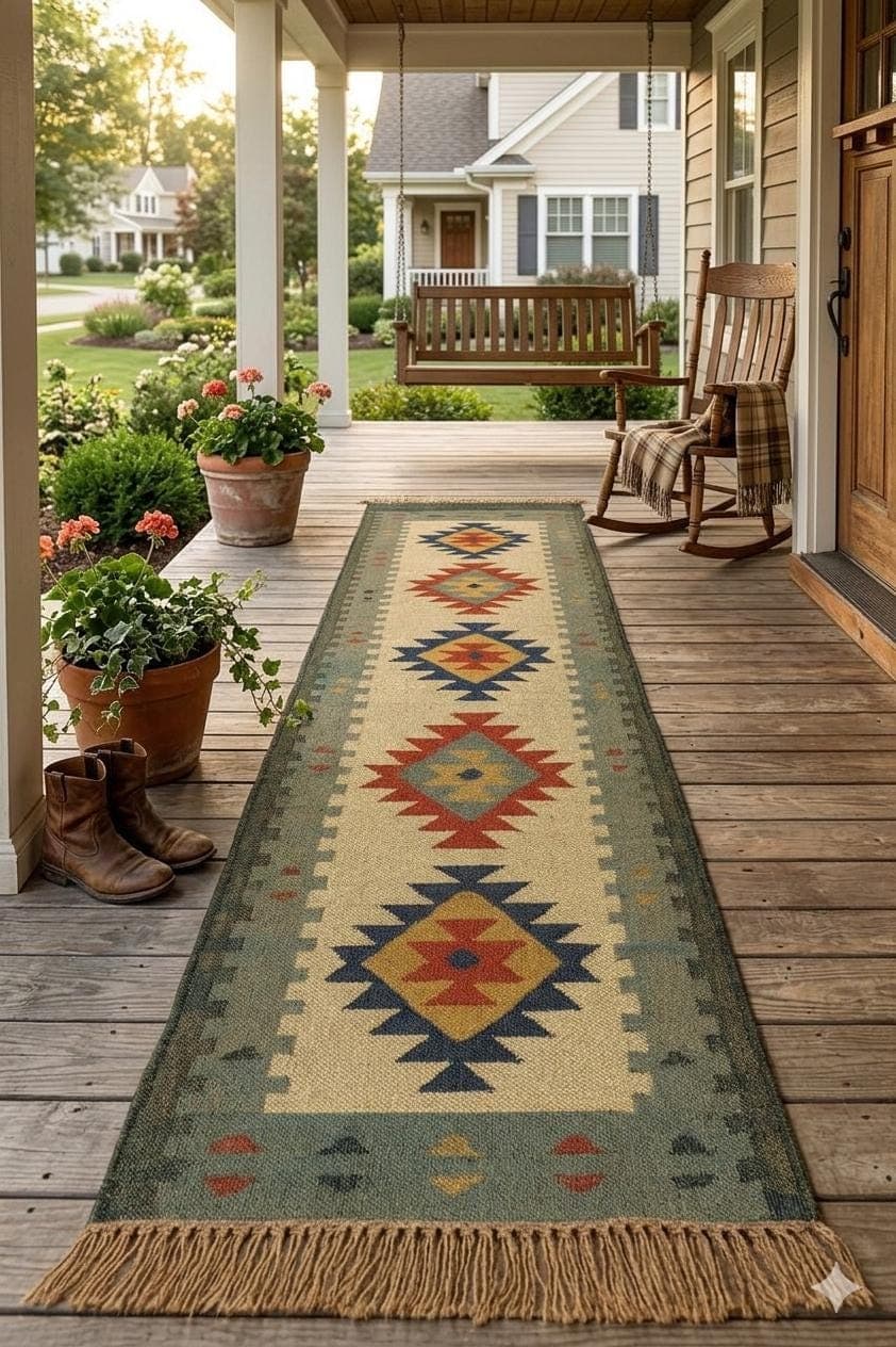 Southwestern Porch Runner Rug, Handwoven Wool Jute Outdoor Runner, Tribal Kilim Hallway Runner, Rustic Farmhouse Boho Runner, Geometric rug