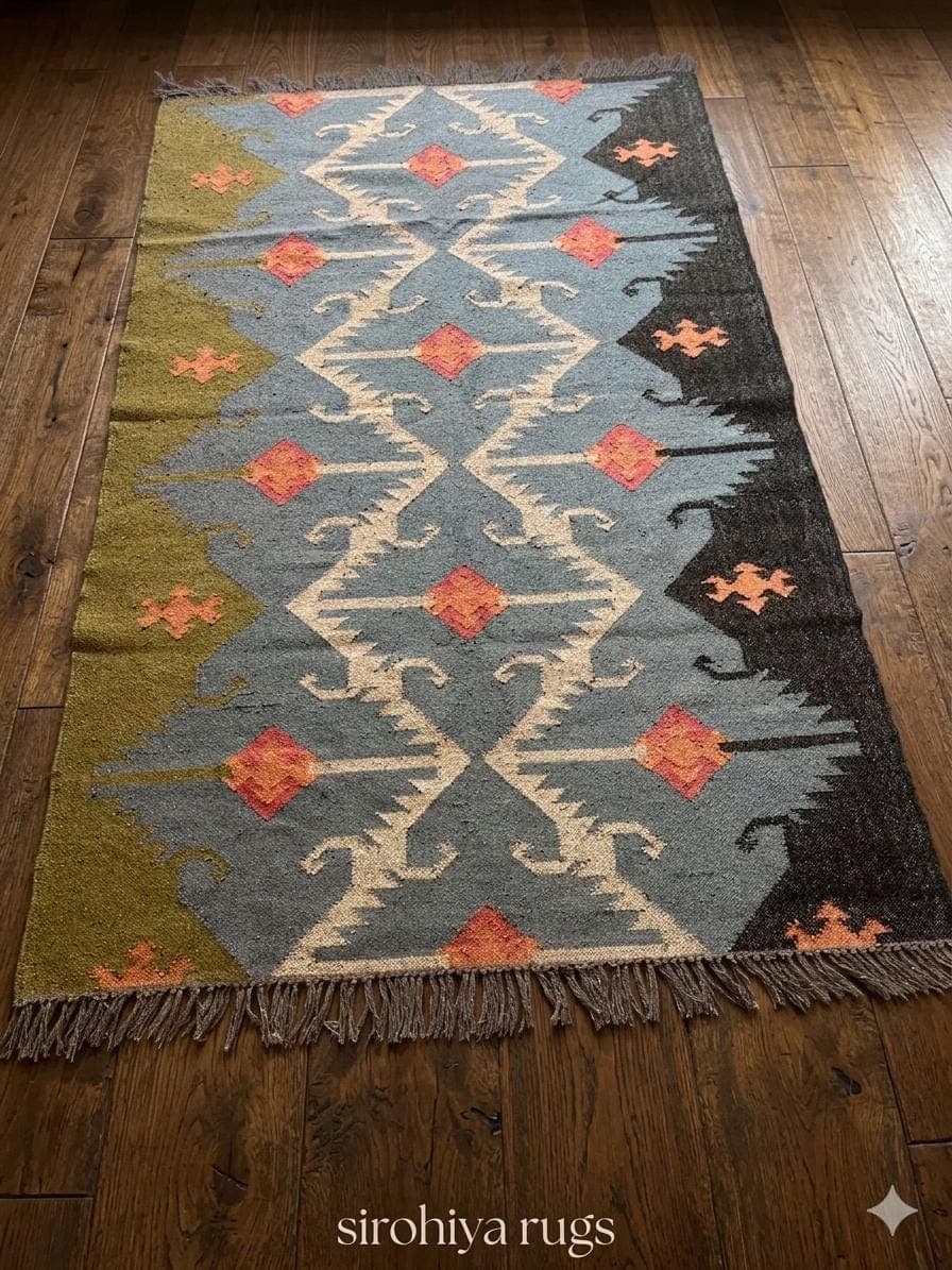 Vintage Tribal Area Rug, Handwoven Wool Kilim Rug, Geometric Boho Carpet, Southwestern Rug, Rustic Farmhouse Decor, Ethnic Pattern Rug