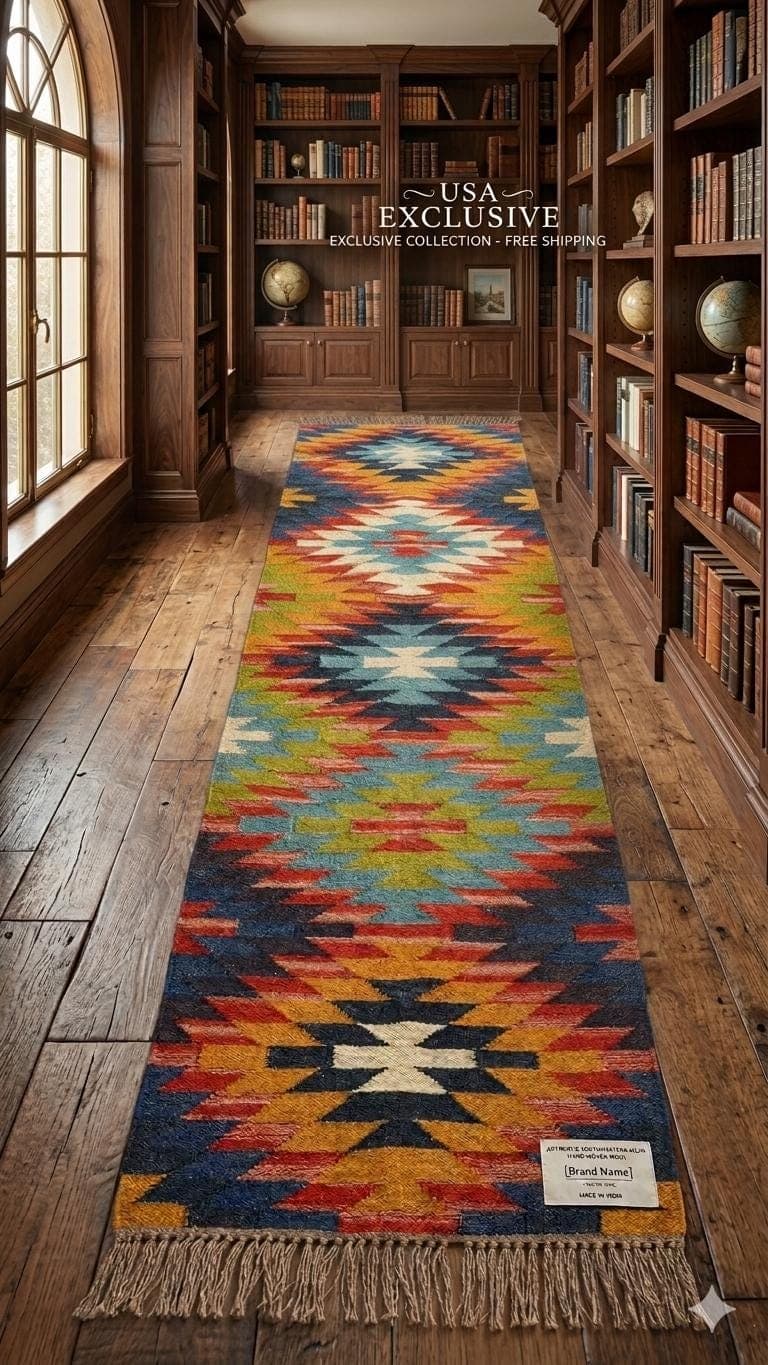 Colorful Southwestern Runner Rug, Boho Tribal Kilim Runner, Geometric Hallway Rug, Navajo Style Carpet, Rustic Farmhouse Entryway Runner