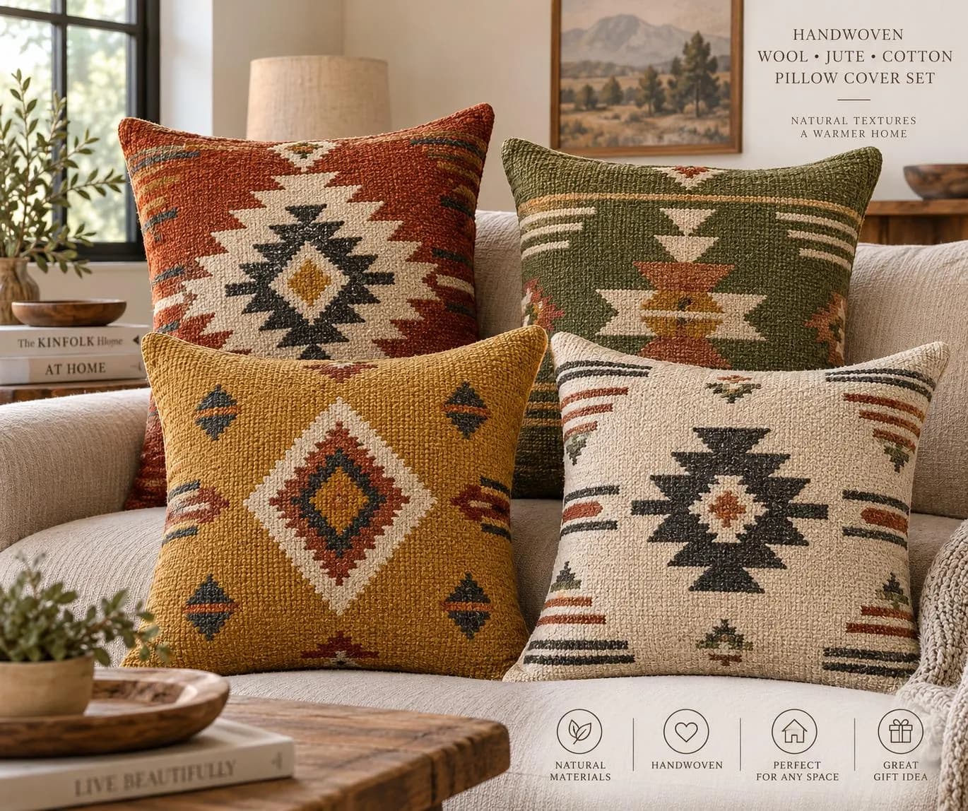 Set of 4 Boho Geometric Pillow Covers, Southwestern Throw Pillow Covers, Neutral Cushion Covers, Farmhouse Sofa Decor - image 3