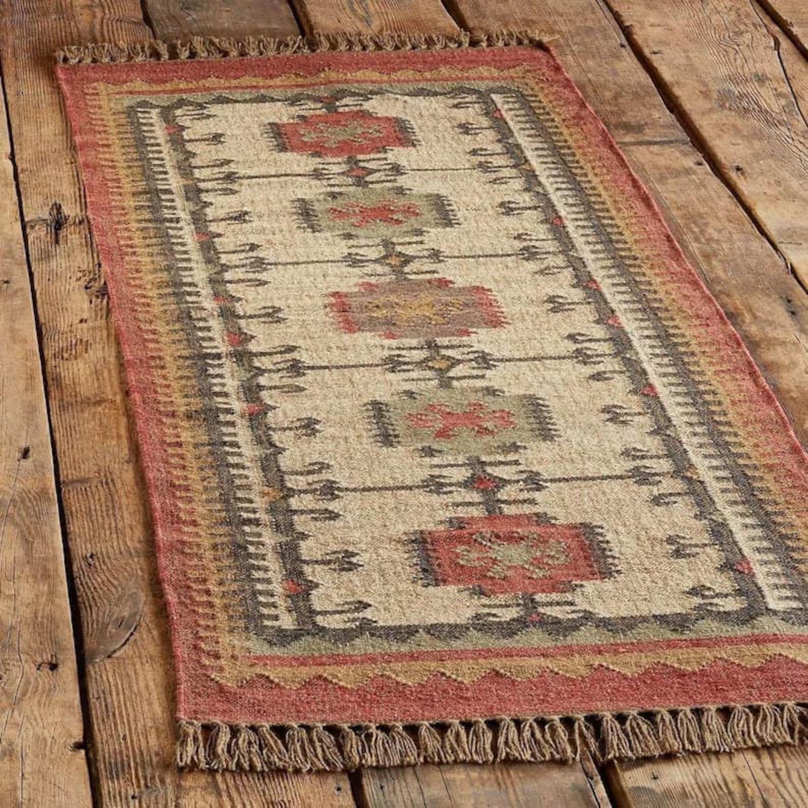 Vintage Southwestern Accent Rug, Handwoven Wool Jute Kilim Rug, Tribal Geometric Area Rug, Rustic Farmhouse Boho Carpet, Small Flatweave Rug - image 4