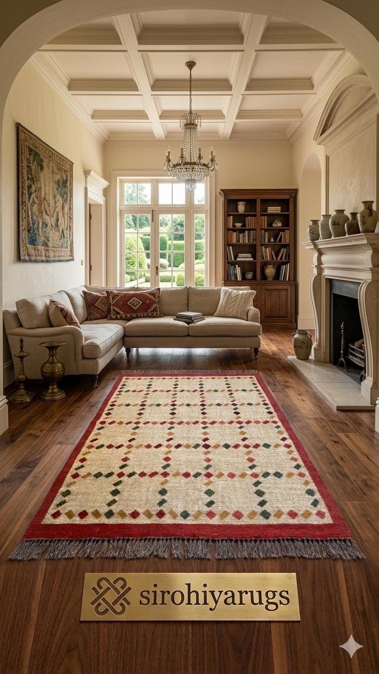 Handwoven Geometric Wool Rug, Boho Area Rug with Fringe, Cream Base Red Border Carpet, Scandinavian Tribal Design Rug, Living Room Bedroom